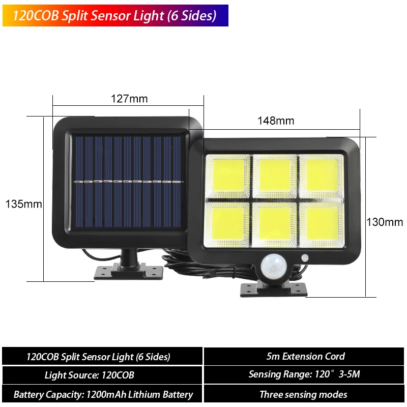 120COB Solar Street Light Motion Sensor Solar Light with 5m Extension Cord Indoor and Outdoor Lighting Wall Spotlight