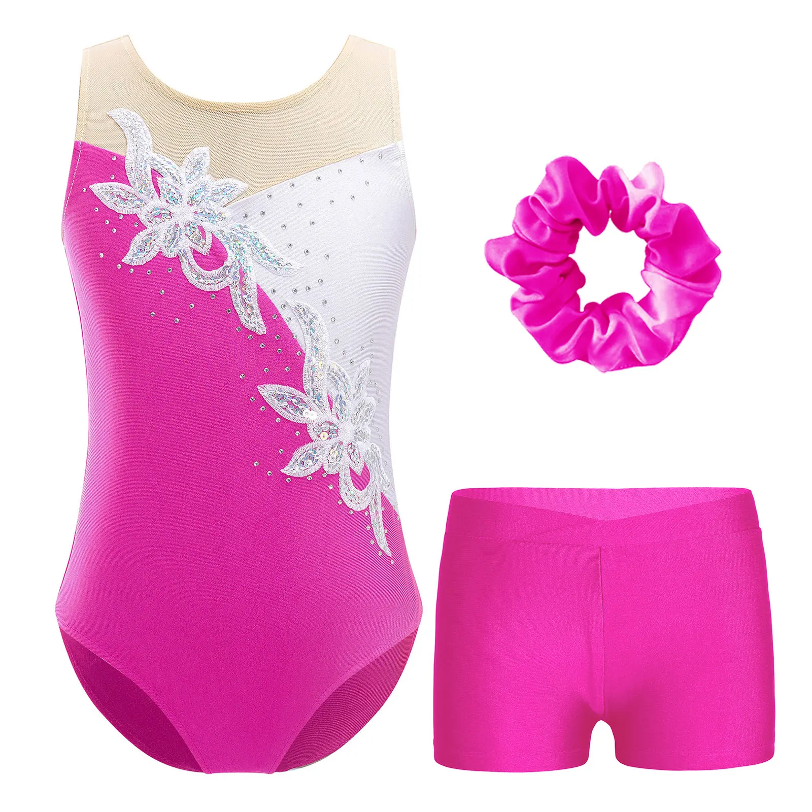 Kids Girls Dance Gymnastic Skating Jumpsuits Sleeveles Sequins Rhinestones Leotard with Elasticated Waist Shorts Hair Band Set