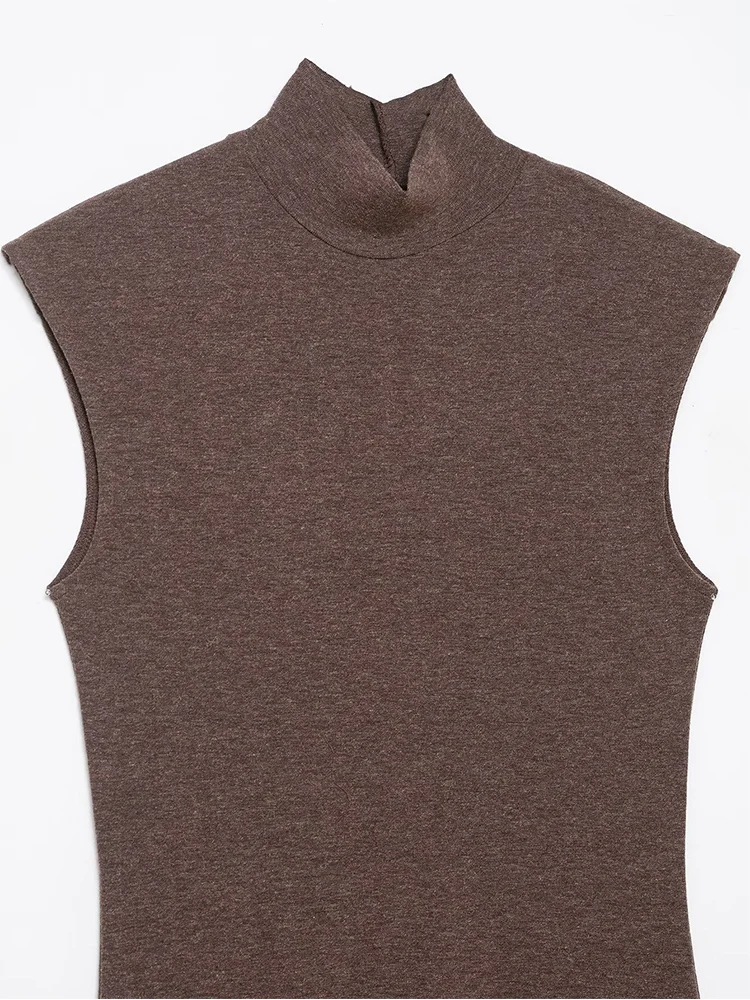 New Women's Sleeveless Long Dresses Solid Lace Spliced Turtleneck Slim Fit Knitted Dress Streetwear Elegant Fashion Lady Outfit