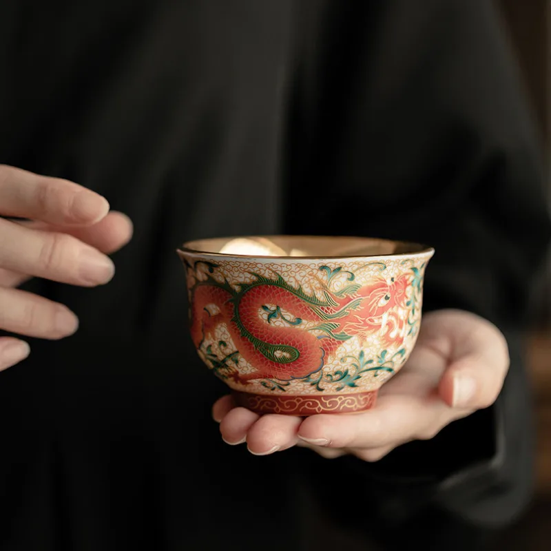 130ML Handmade Enamel Gilded Ceramic Teacup Dragon And Phoenix Host Cup Tea Paired Coffee Mug Beautiful Kung Fu Teaset Drinkware