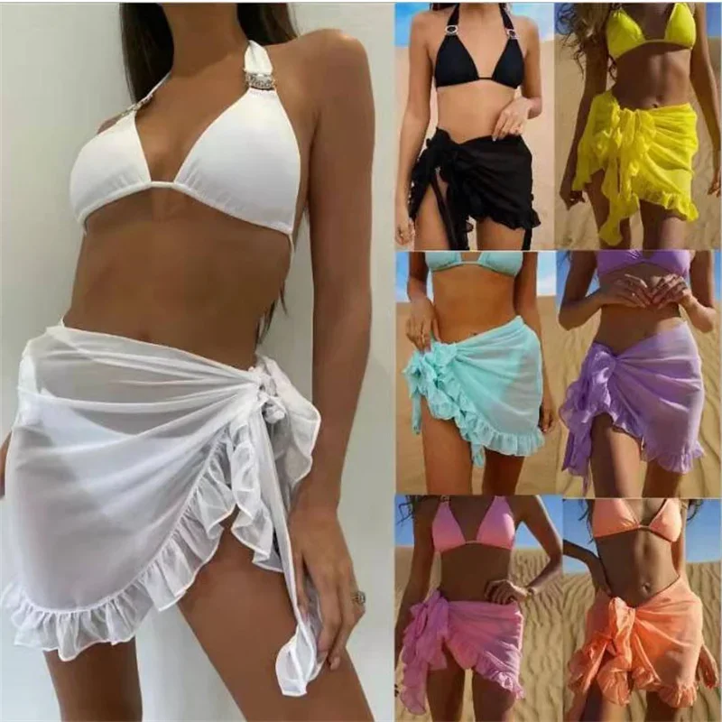 New Summer Women Short Sarongs Skirt Swimsuit Cover-ups Solid Color Ruffled Beach Bikini Wrapped Chiffon Tulle Skirt Scarf Cover