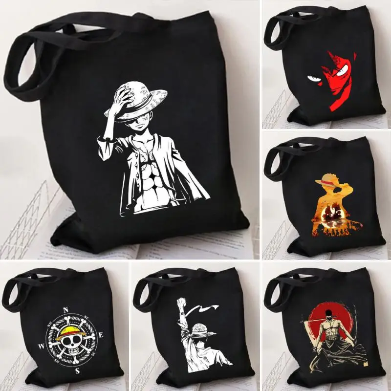 

Anime One Piece Printed Black Canvas Bag Shoulder Bag Shopping Bag Environmental Protection Roronoa Zoro Luffy Shoulder Bag Gift