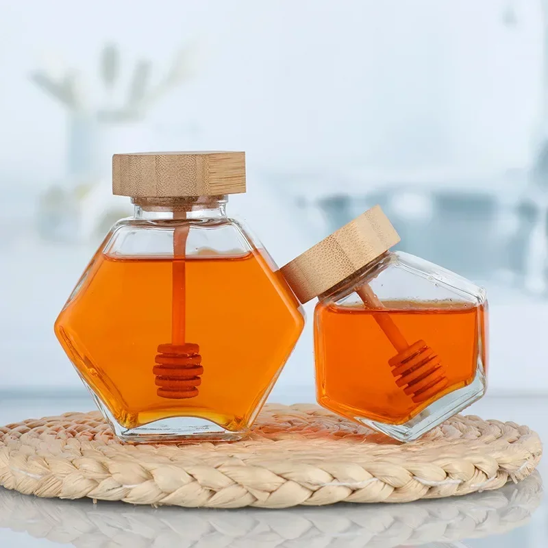 100ml/380ml Bamboo Wood Cover Hexagonal Glass Jar with  Stirring Dipper Hexagon Honey Container 100ml Iron Cap Storage Bottle 2
