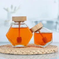 100ml/380ml Bamboo Wood Cover Hexagonal Glass Jar with  Stirring Dipper Hexagon Honey Container 100ml Iron Cap Storage Bottle 2