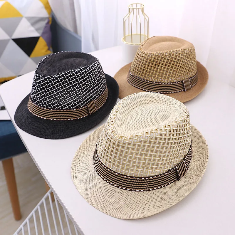 Cappello da spiaggia estivo per bambini in paglia Jazz Panama Baby Boy Cappelli da sole in rete Tinta unita Fedora Nastro Berretto da cowboy per bambini casual_voghion.com