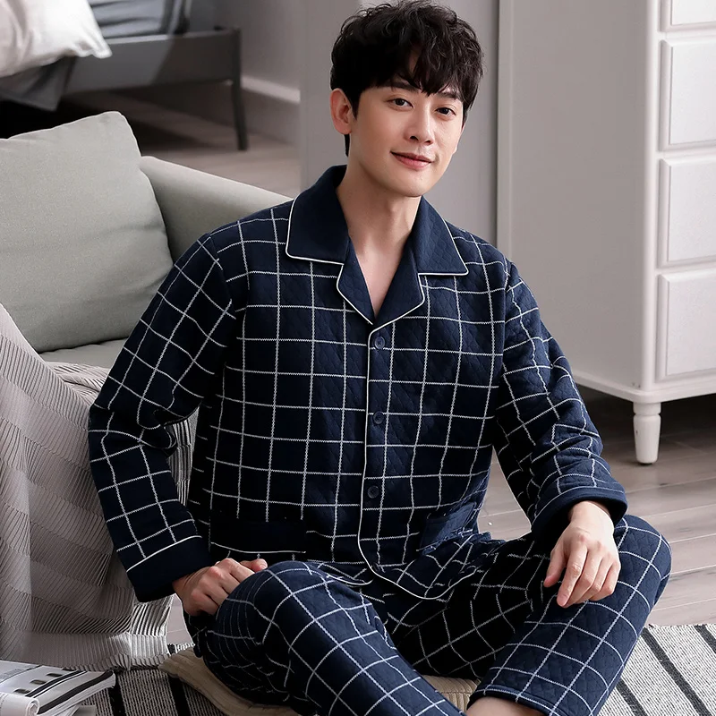 

Men's three-layer thin cotton men's pajamas cardigan collar plaid long sleeved men's home wear winter men's home wear