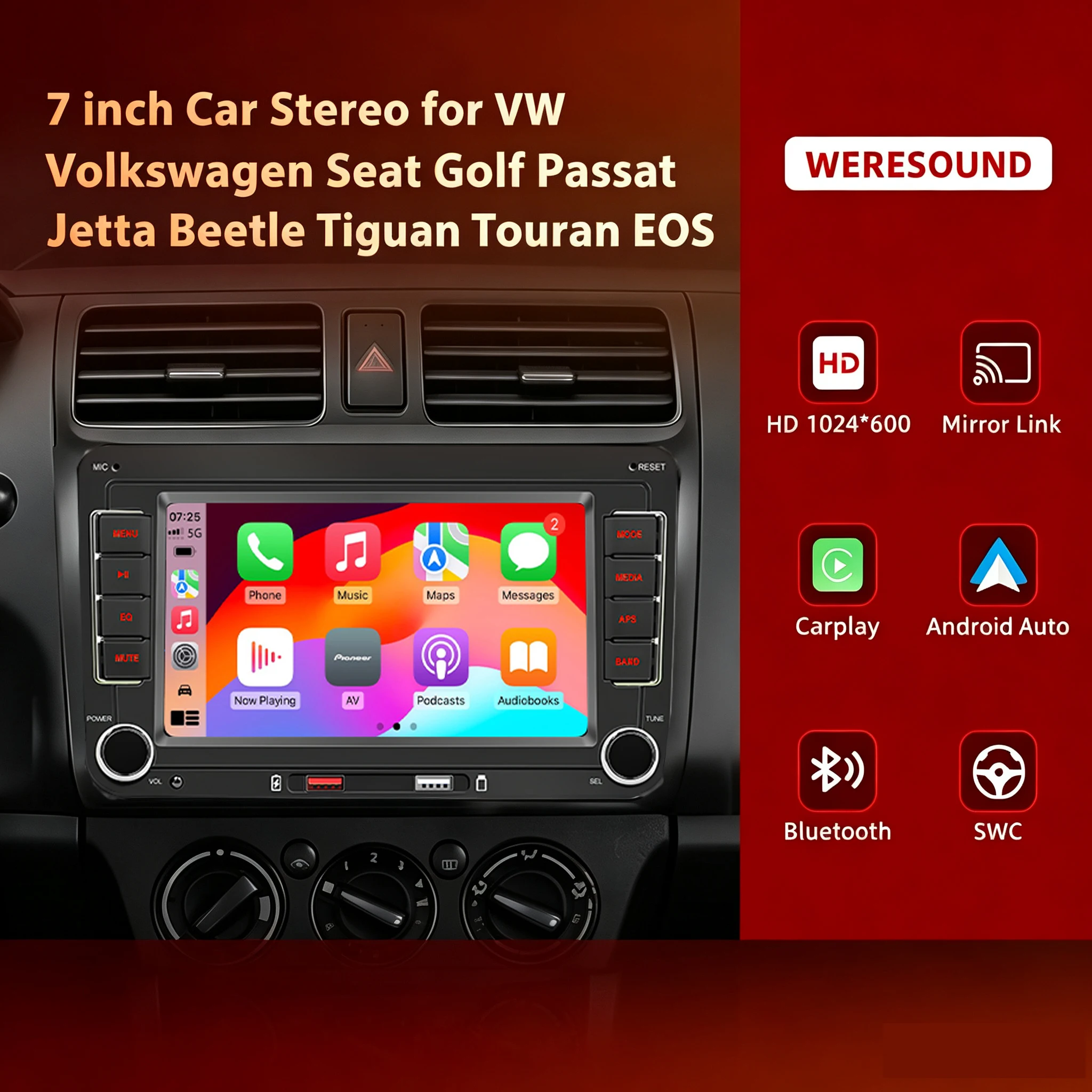WERESOUND 7 " Autoradio Lecteur multimédia pour voiture USB BT 5.1 Mirror Link Commande au volant CarPlay sans fil et Android Auto pour Volkswagen Golf Passat Jetta Skoda Polo 1 WERESOUND 7 " Autoradio Lecteur multimédia pour voiture USB BT 5.1 Mirror Link Commande au volant CarPlay sans fil et Android Auto pour Volkswagen Golf Passat Jetta Skoda Polo 1