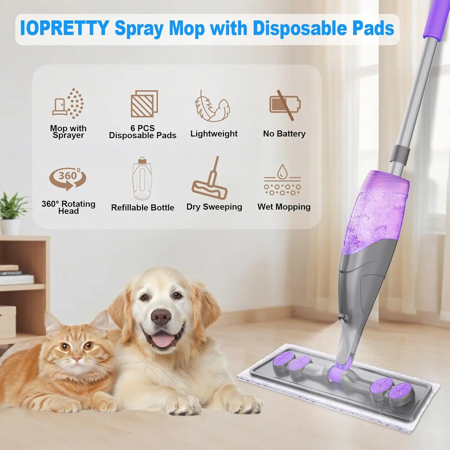 Spray Mop for Floor Cleaning with 6 Disposable Pads and Refillable Bottle - Absorbs Pet Hair Dust Stains