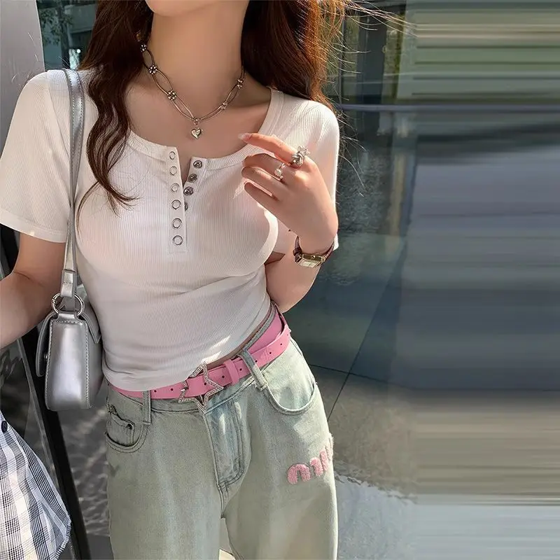 

Button Round Neck Slim Short Sleeved T-shirt Women Summer New Pure Cotton Solid Color Youth Casual Shoulder All-match Tops