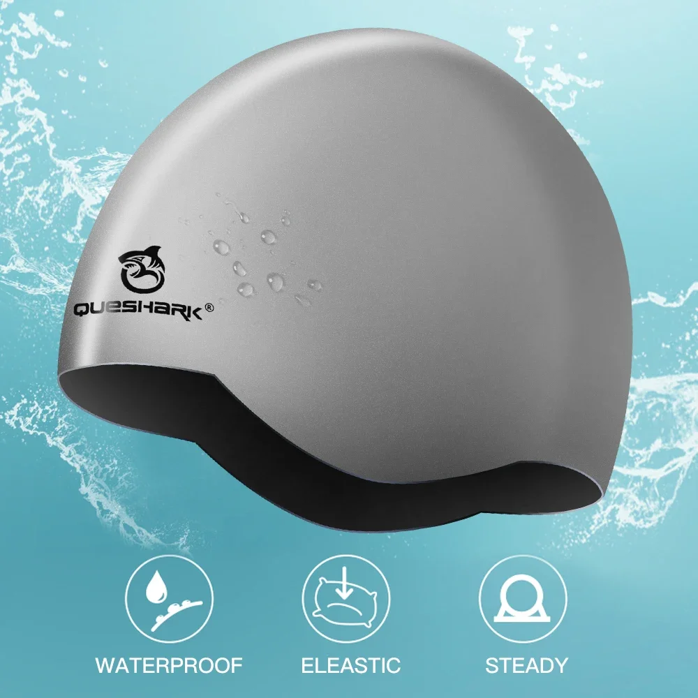 QUESHARK Adults Teens Silicone Waterproof Seamless 3D Elastic Swimming Cap Diving Swim Hat 2 Colors For 1 Cap Hair Protection 3