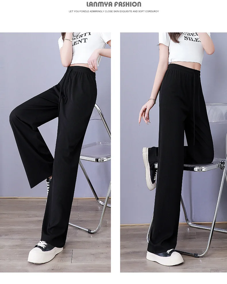 Women Pants Spring Summer Ice Silk Wide Leg Pants 2023 High Waist Loose Straight Casual Pant Female Outdoor Black Trousers