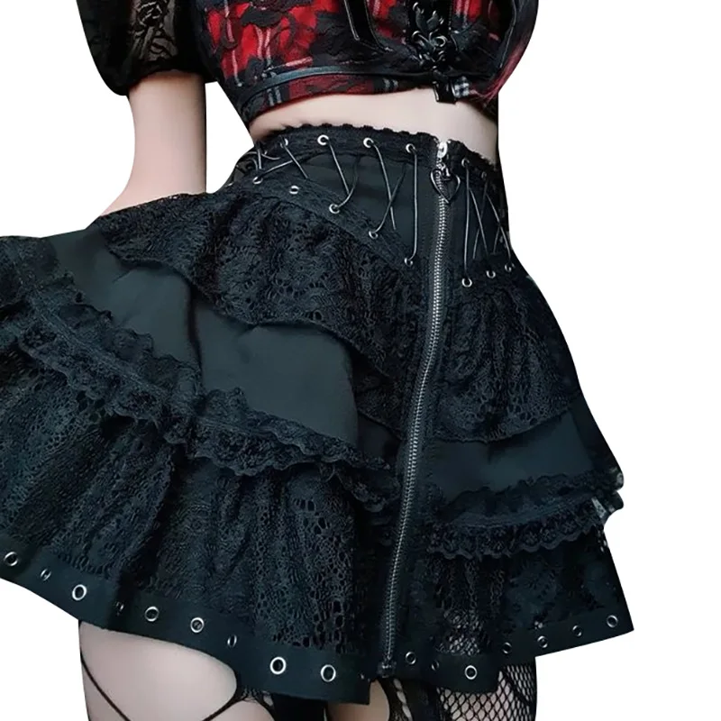 

Black Lace Trim Zipper Empire Waist A Line Sexy Party Clubwear Women Goth Steampunk Skirt y2k Harajuku Fashion Skirts For Ladies
