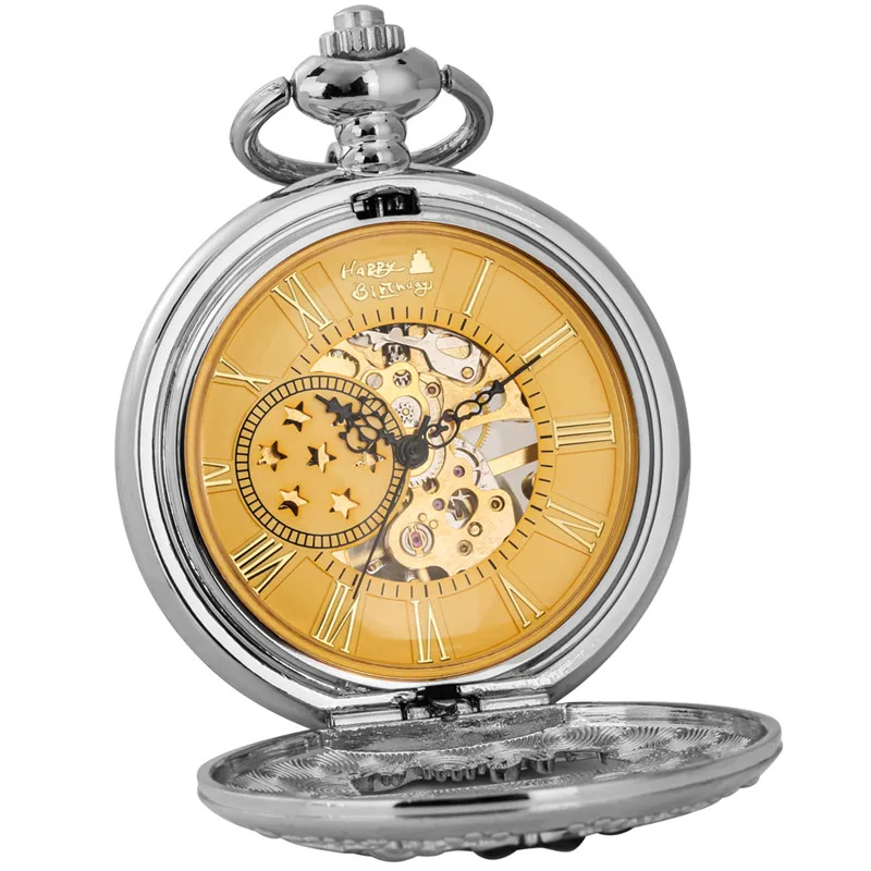 Silver/yellow Gold Pocket Watch Hollow Out Happy Birthday Cake Design Unisex Hand Winding Mechanical Clock Timepiece with Chain