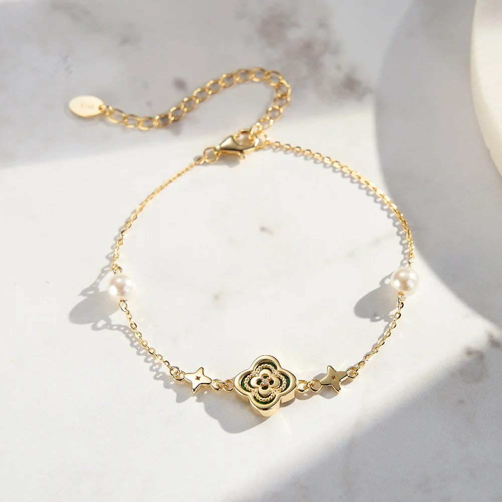Silver Green Shell Four-Leaf Clover Bracelet O-Chain With Pearl