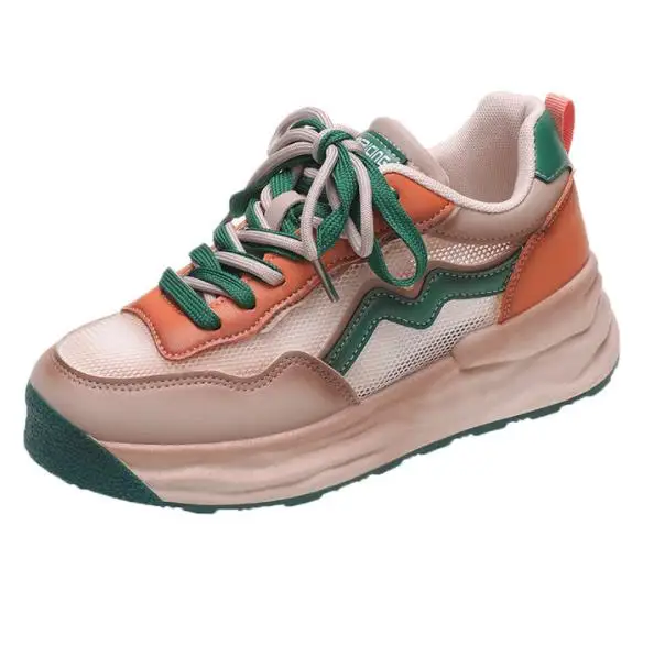 Women Thick-soled Shoes 2022 Summer Fashion New Lace-up Color-blocking Inner Height-increasing Single Shoes Breathable Sneakers
