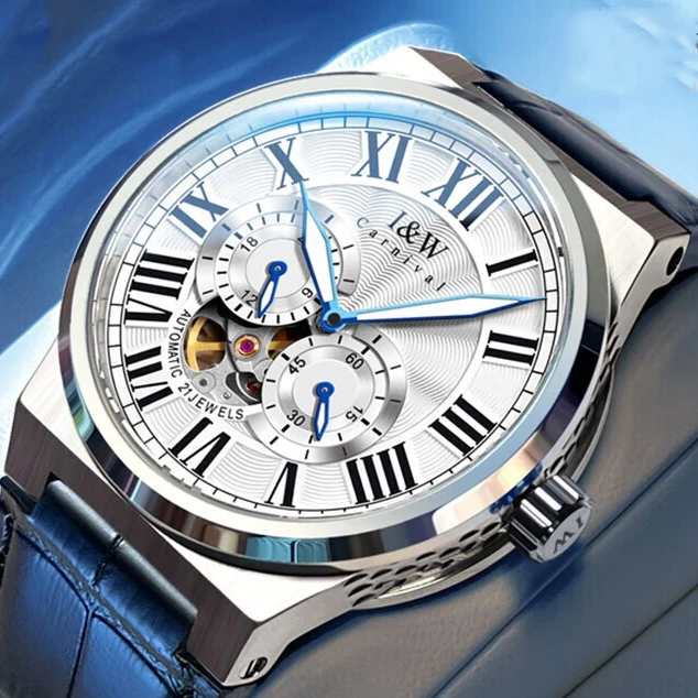 

I&W Men Luxury Watch 41mm Automatic Mechanical Wristwatch 50M Waterproof Luminous Sapphire Skeleton Small Second Dial 24 Hours