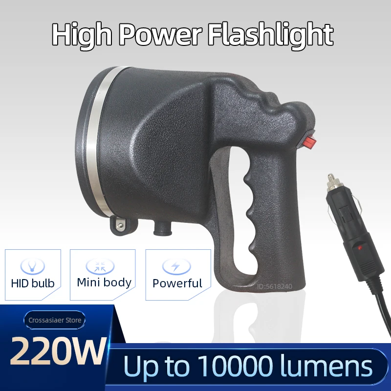 12v Spotlight for Hunting 220W High Power Flashlight Xenon Searchlight Boat Fishing HID 4300K 8000K Car Plug Camping Handheld