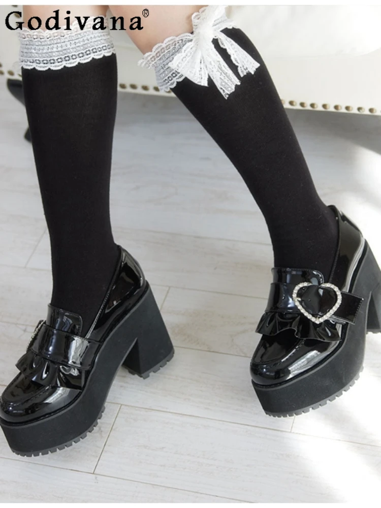

Japanese Solid Color Round Toe Women High-Heeled Shoes Spring Autumn Lolita Retro Diamonds High Heels Rhinestone High Heel Shoes