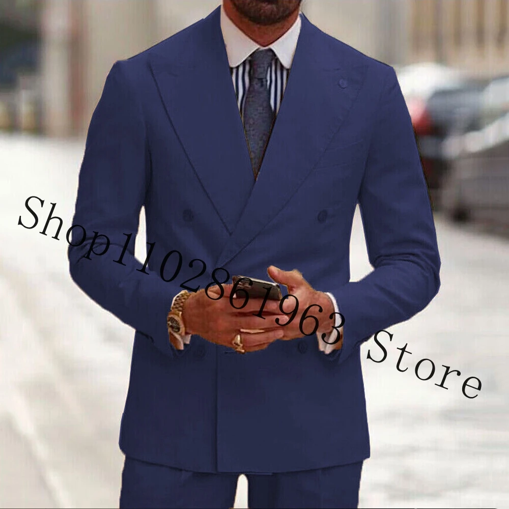 Navy Blue 2 Pieces Men Suits Slim Fit Peak Lapel Double Breasted Formal Groomsmen Wedding Tuxedos Blazer Pants Costume Homme