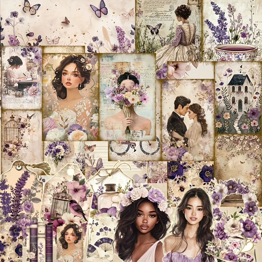 68pcs Card and Sticker Set Vacation Wedding Lavender Purple Floral Patterns Wedding Album DIY Greeting Card Junk Journal