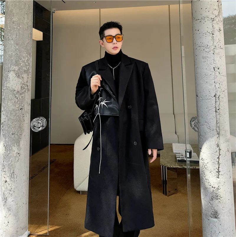 겨울 복고풍 새로운 중국 스타일 울 코트 남자의 틈새 비대칭 자수 디자인 감각 무릎 모직 겉옷 위에 잘 생긴 루안