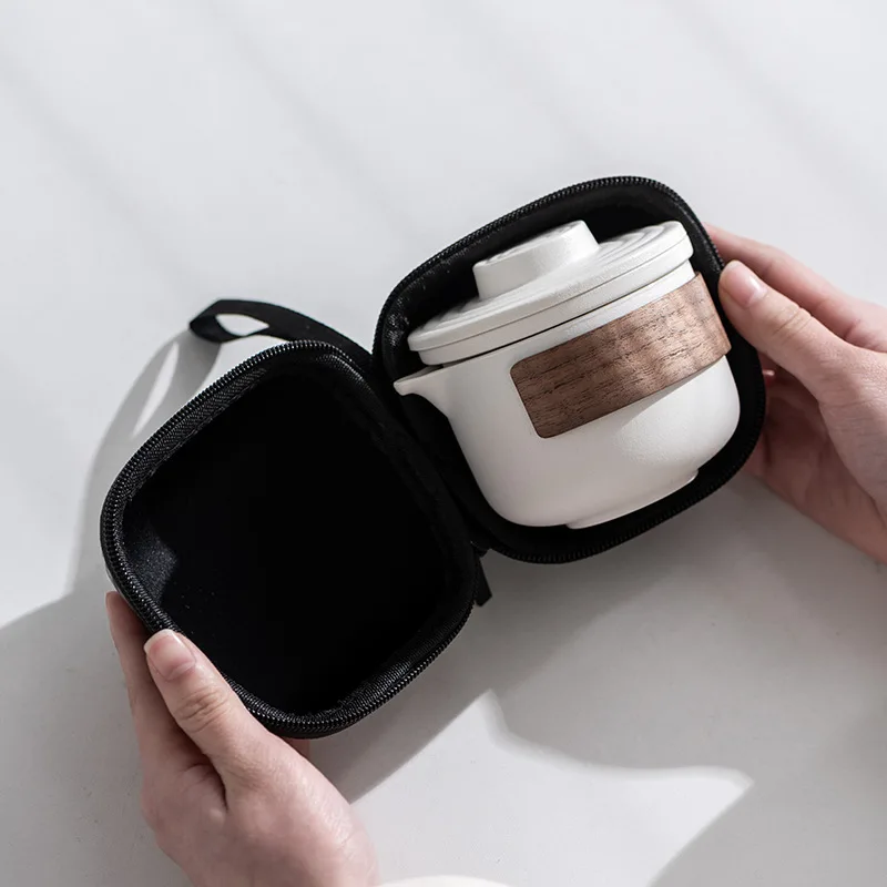 Travel Tea Set, Ceramic Quick Cup Portable One Pot and Two Cups