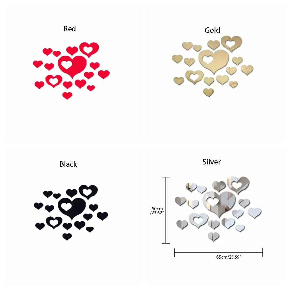 16Pcs/set Decorative Heart Shaped Mirror Stickers DIY Heart Shaped Acrylic Wall Stickers Removable Self-adhesive Love Art Mural