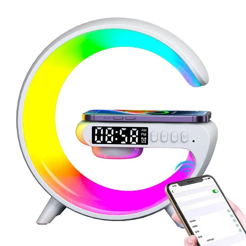 

Wireless Charging Light Up Speaker G Shape LED Wireless Table Speaker Color Changing Alarm Clock Charger Stand Bedside Light