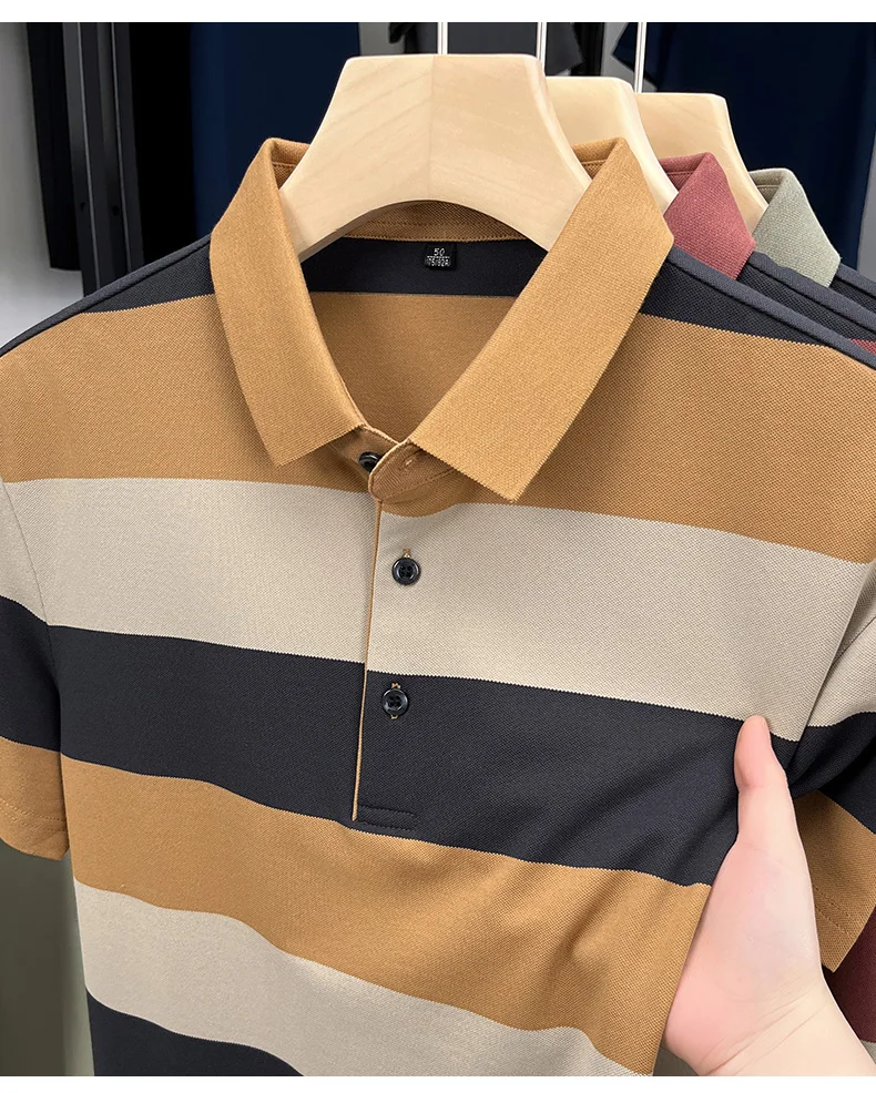 High end fashion men short sleeve polo shirt summer trend stripe men's wear middle-age business casual breathable lapel T-shirt 19 S2e60a6dacaac4005adcea035b029ed00L