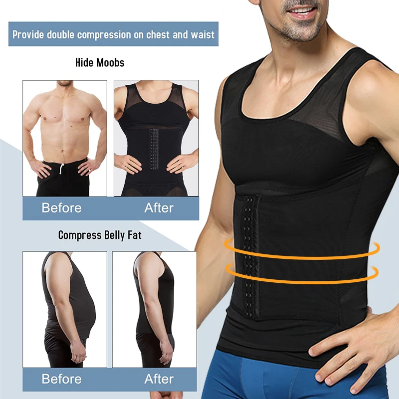 Mens Compression Vest Slimming Body Shaper Shirt Tummy Control Fitness Workout Tank Tops Abs Abdomen Undershirts with Hooks