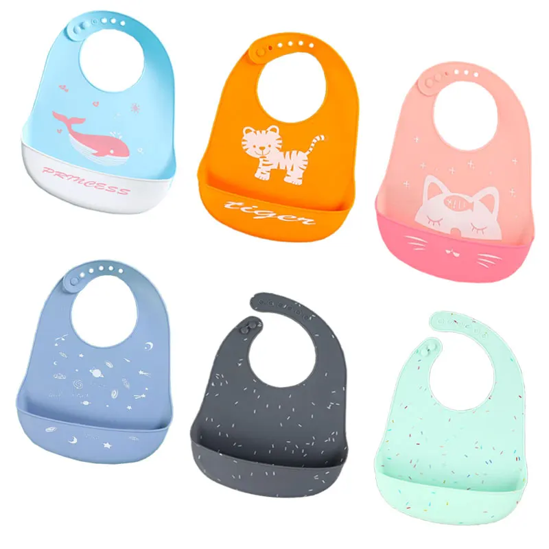 Waterproof Soft Baby Silicone Bib Cute Cartoon Printed Rice Pocket Child Girl Boy Adjustable Child Bib Baby Lunch Feeding Stuff