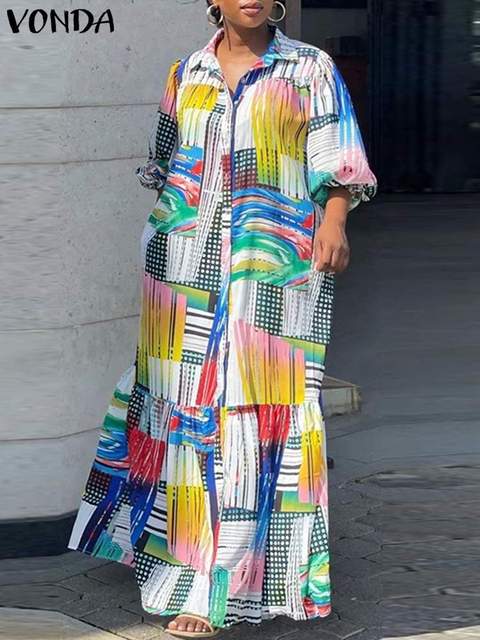 Plus Size 5XL VONDA 2024 Summer Bohemian Printed Dress Women Elegant Long Sleeve Vintage Maxi Sundress Casual Buttons Loose Robe - Colorful, XXL