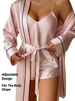 Simple Satin Pajama Set Long Sleeve Belted Robe V Neck Cami Top And Shorts Women's Sleepwear 3