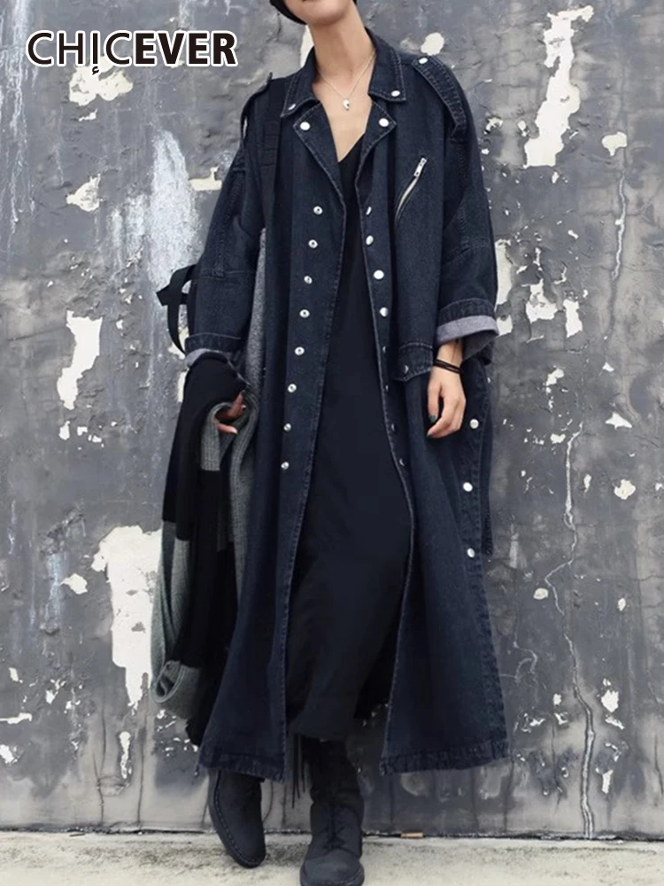 

CHICEVER Oversize Denim Trenches For Women Lapel Long Sleeve Double Breasted Solid Folds Patchwork Casual Jackets Female Spring