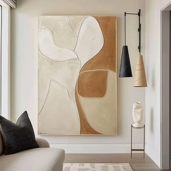 Grande dipinto a olio fatto a mano con texture marrone e beige su tela, arte murale 3D, grande opera d'arte moderna contemporanea per soggiorno