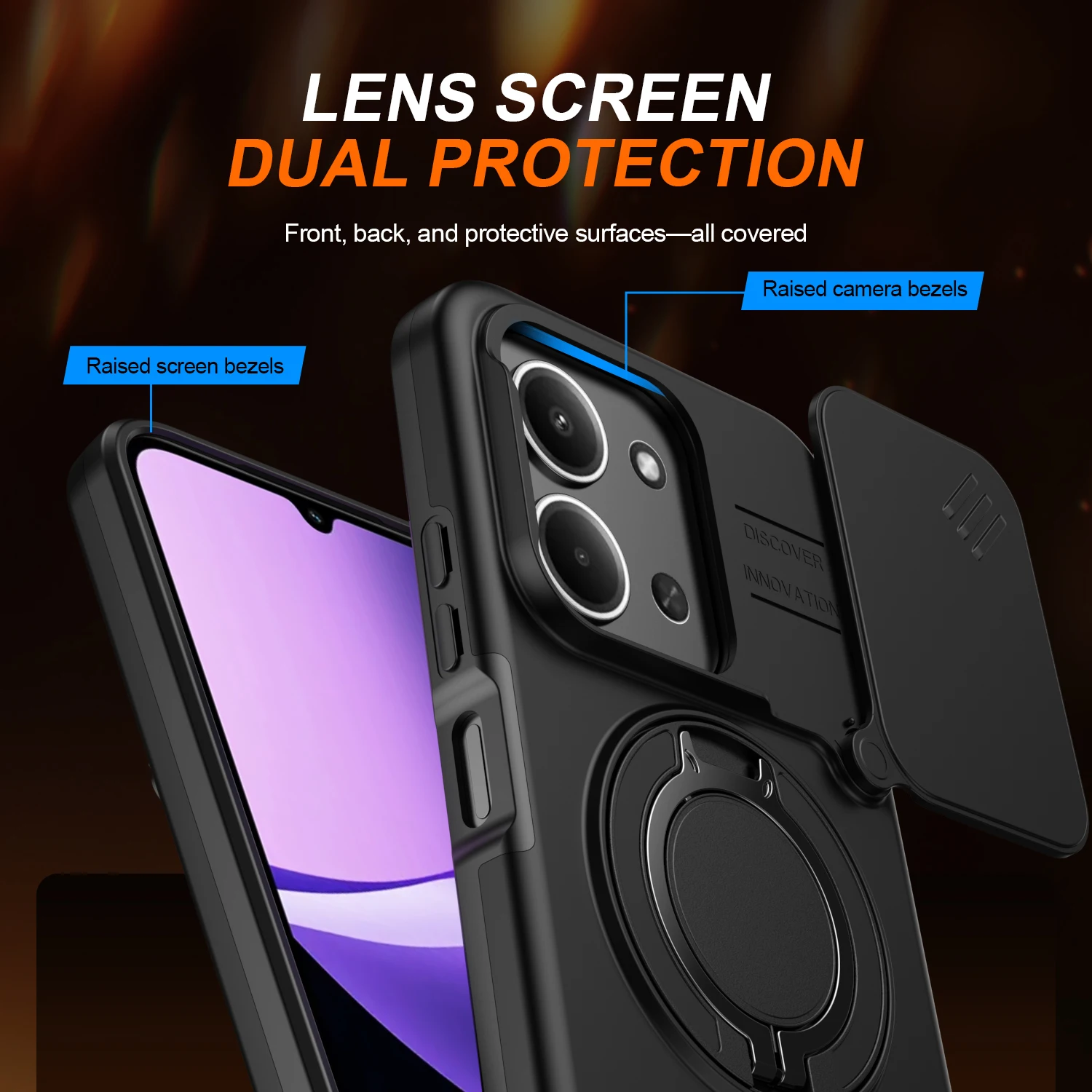 Shockproof Sliding Camera Cover Case with Metal Ring Stand and TPU Frame - Armor Series