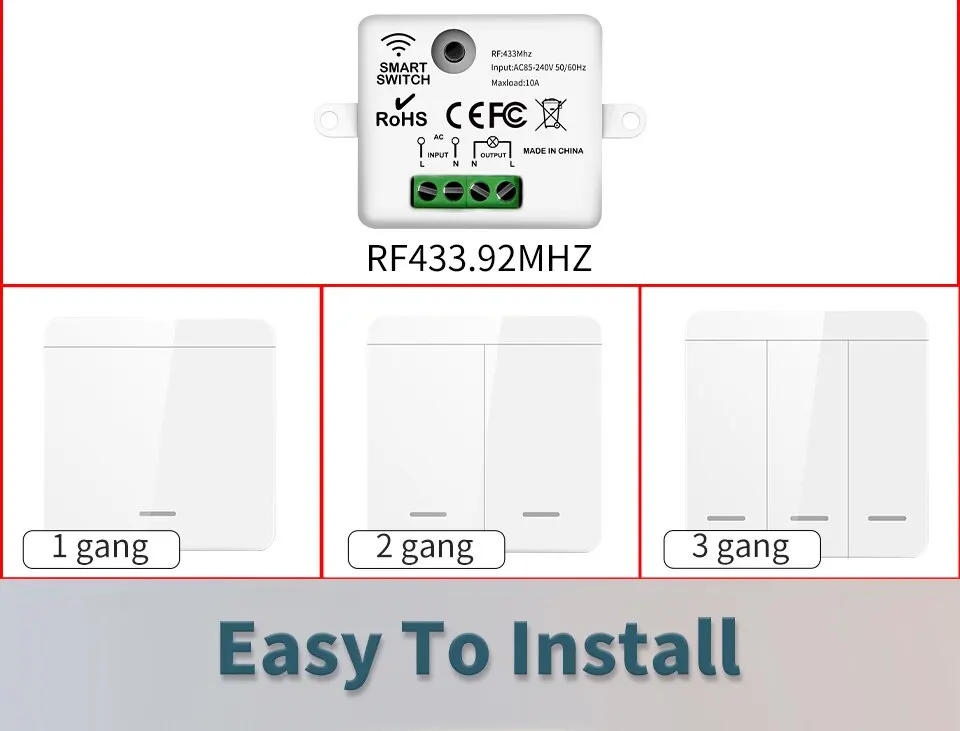 Description Picture 4 of itemWireless Smart Switch Light 433Mhz RF 86 Wall Panel Switch with Remote Control Mini Relay Receiver 220V Home Led Light Lamp Fan
