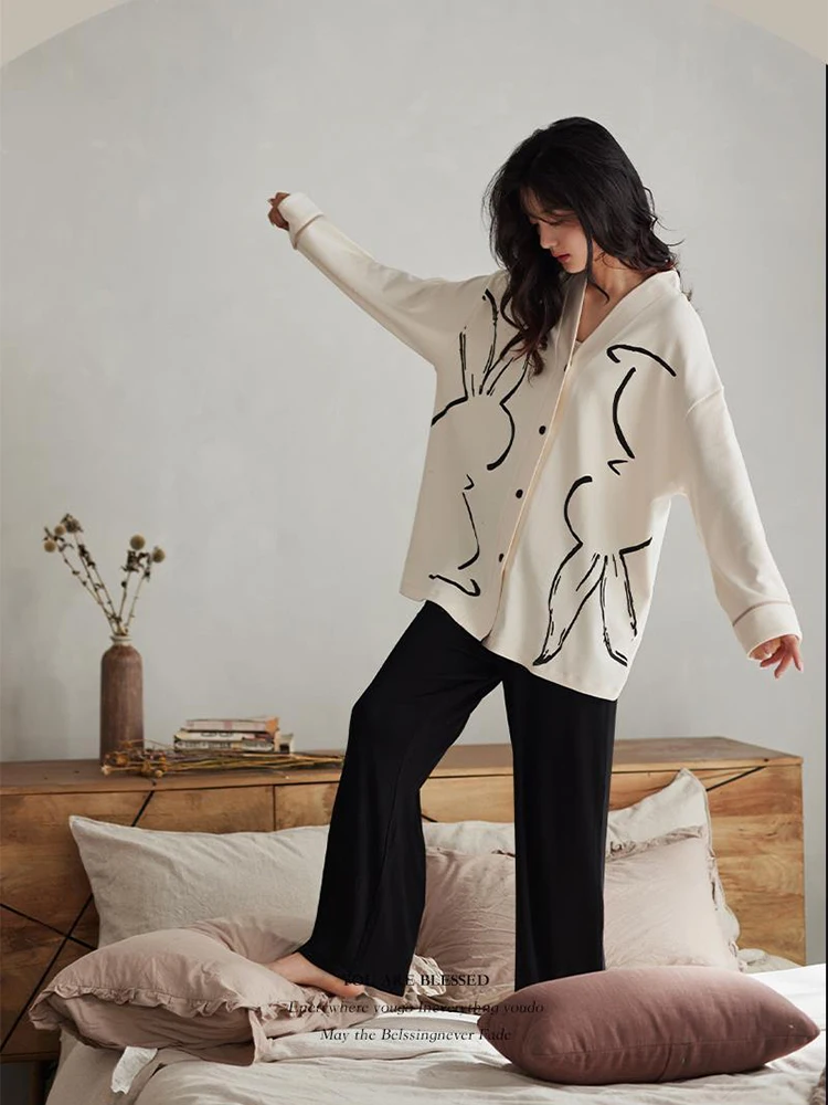 Long-sleeved Pajamas Women's Cotton Can Be Worn Outside the Spring 2024 New Soft Cotton Casual Loungewear V-neck Set
