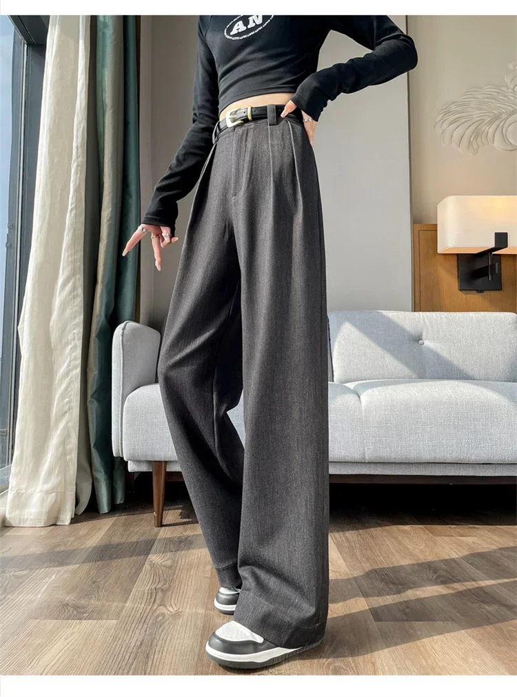 Y2k Korean Autumn High Waist Simple  Suit Pants with Belt Solid Color Straight Casual Fashion Slim Women Trousers  Wide Leg