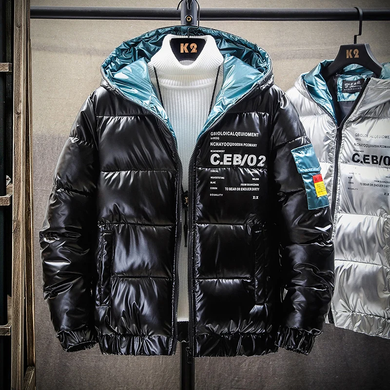 Men Parkas Cotton-padded Clothes Winter Thick Warm Bright Leather Jacket Korean Y2K Streetwear Fashion Harajuku Casual Coat