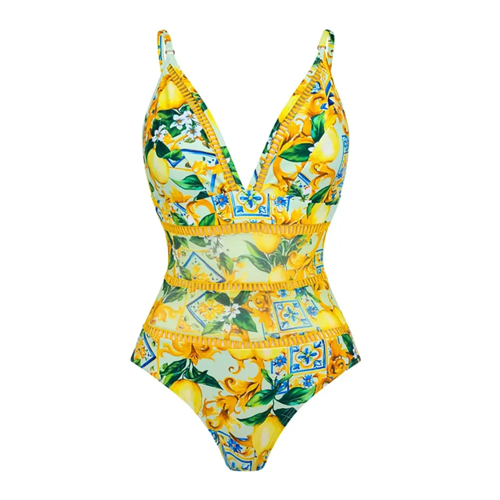 New Women Print Swimwear V Neck Blue Mediterranean One Piece Swimsuit and Mesh Splicing Skirt Bikini Summer Beach Wear Cover Up