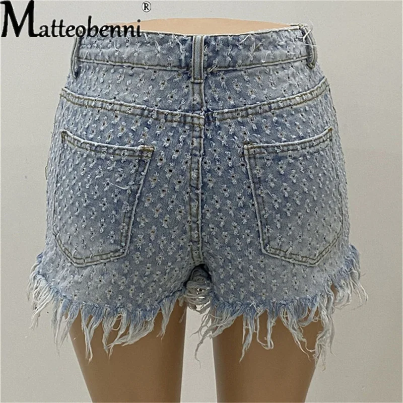Women Fashion Ripped Tassel High Waist Denim Shorts Vintage Hole Summer Casual Pocket Short Jeans Ladies Hotpants Shorts 2022