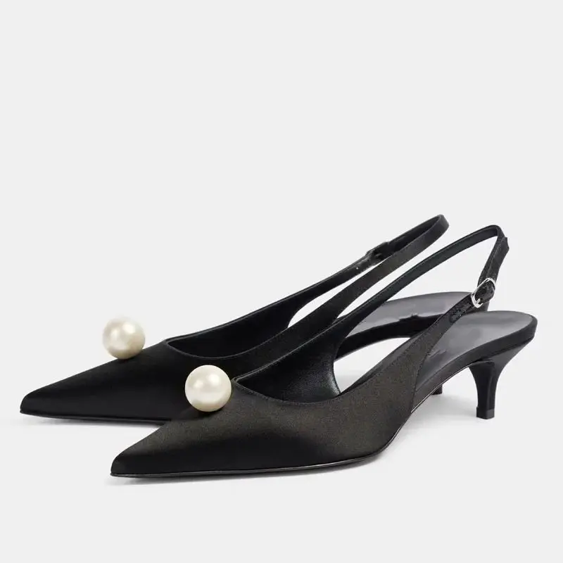 New Sexy Women Kitten Heels Pumps Shoes Sandals Slingbacks Satin Pointed Toe Party Wedding Pearls Shoe Office Black 34-45