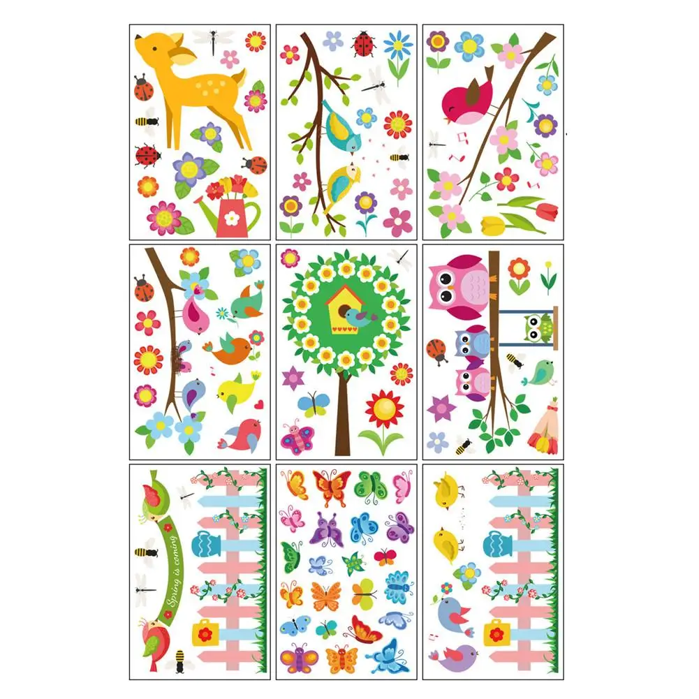 Desenhos animados janela adesivos para decoração do quarto, ramos de pássaros, flores, borboleta, adere decalques, primavera, Home Decorações, 9 folhas, 107pcs