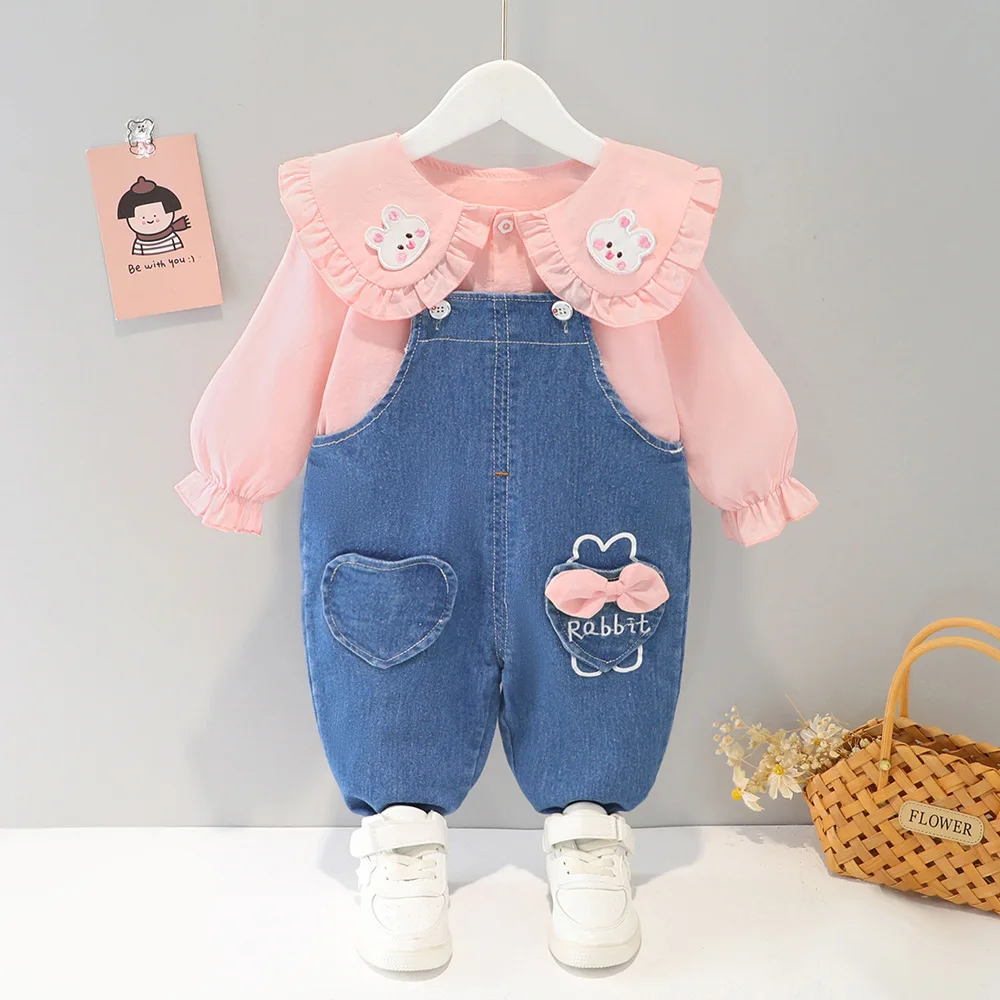 

2023 Spring Baby Girls Clothing Sets Toddler Kids Lace Bow Shirt Overalls 2 Pcs Suit Children Sportswear Infant Casual Outfits
