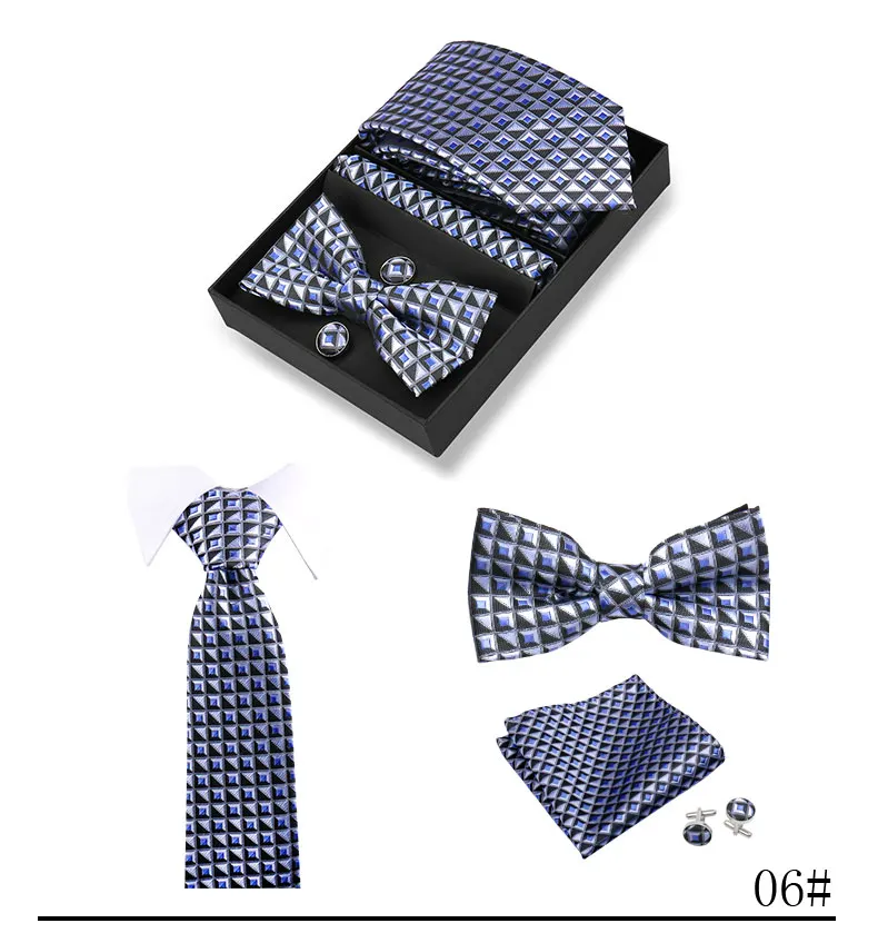 Hochwertige handgefertigte Krawatten, Fliege, Einstecktücher, Manschettenknopf-Set, kariertes gestreiftes Krawatten-Set in Geschenkbox für Männer, passend für die Hochzeit am Arbeitsplatz – Detail 10