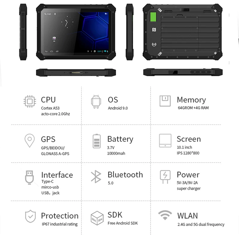 NFC 방폭 산업 태블릿 PC, 바코드 스캐너 포함, 안드로이드 9.0, 4G RAM, 64GB ROM, 4G LTE, IP67 견고한 컴퓨터, 10.1 인치