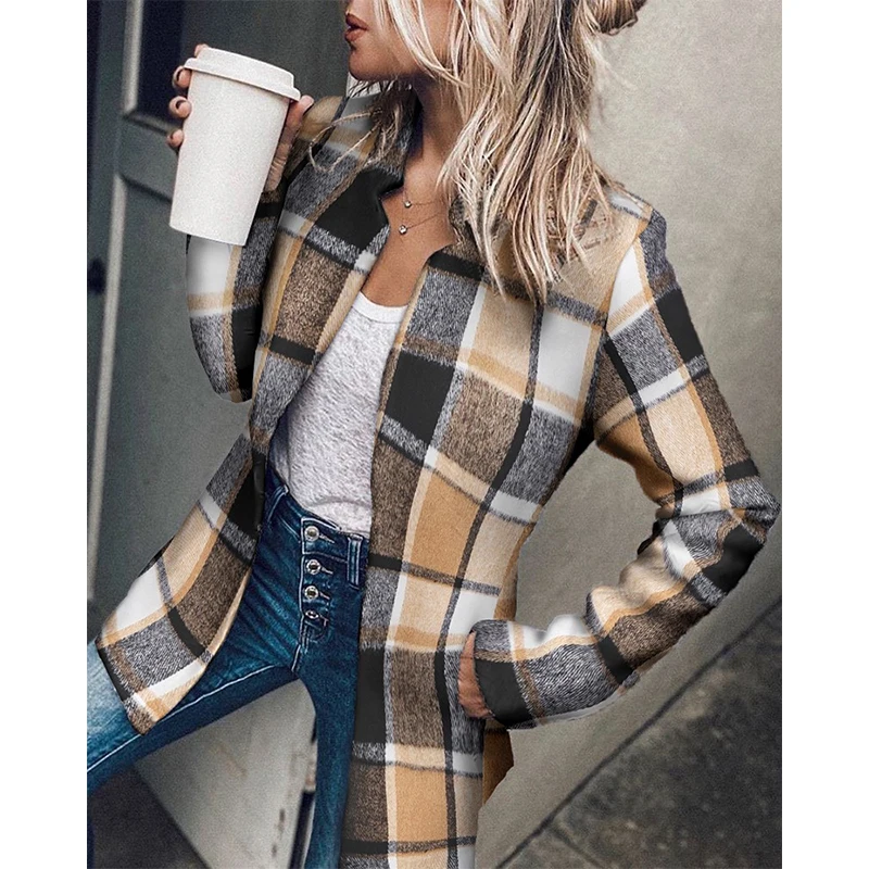 

Plaid Print No Buckle Stand Collar Loose Blazers Women Jacket Street Spring 2022 Elegant Office Lady Coat American Stylish