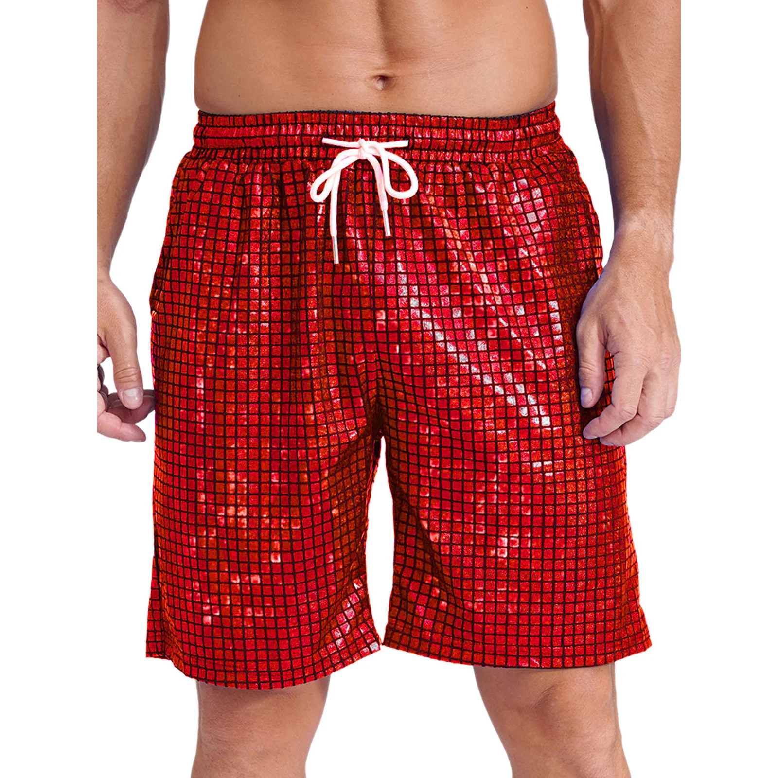 Mens Loose Beach Shorts Loungewear Shorts Checkerboard Metallic Shiny Swimming Boxer Shorts Drawstring Elastic Waistband Pockets 4