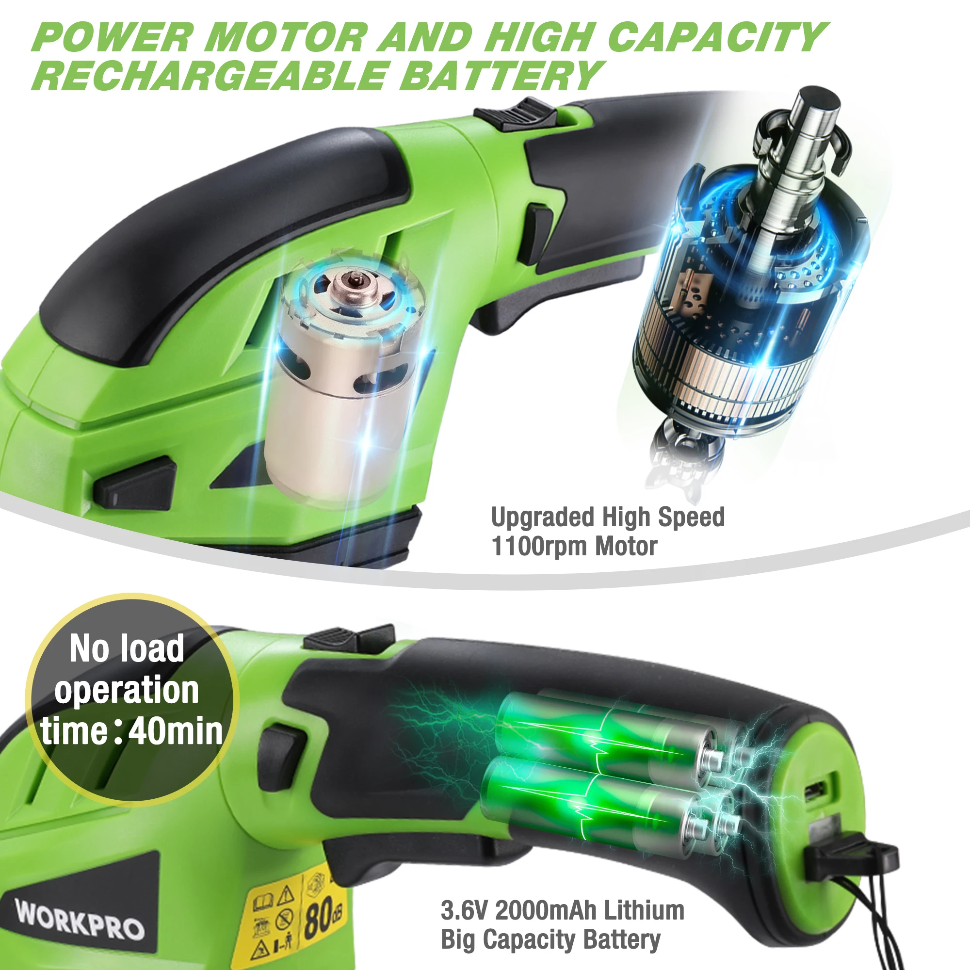 WORKPRO Battery Grass and Shrub Shears, Handy Grass Shears, 3.6V, 2000 mAh, 2 Different Blades, with Battery and Charging Cable 6